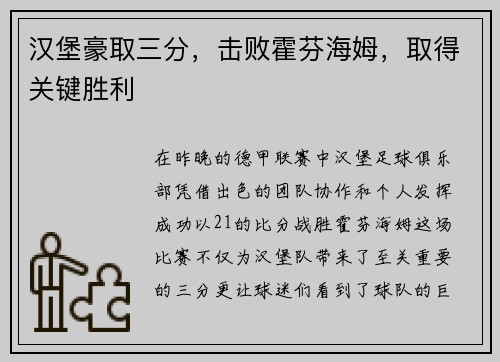 汉堡豪取三分，击败霍芬海姆，取得关键胜利